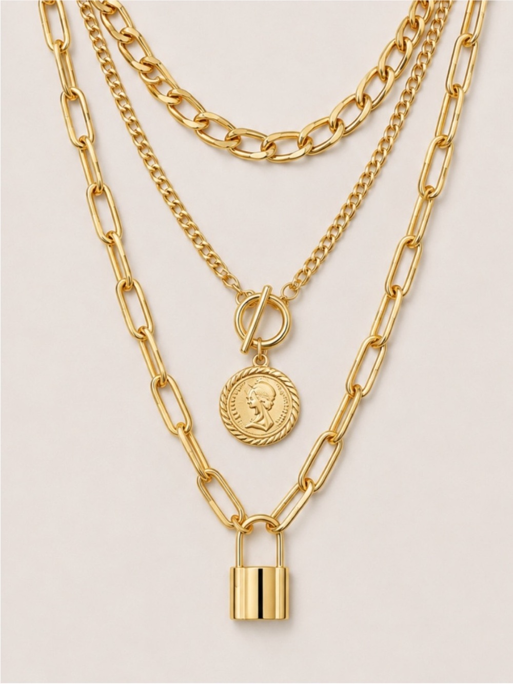 New! Women's Layered Gold Lock & Coin Necklace